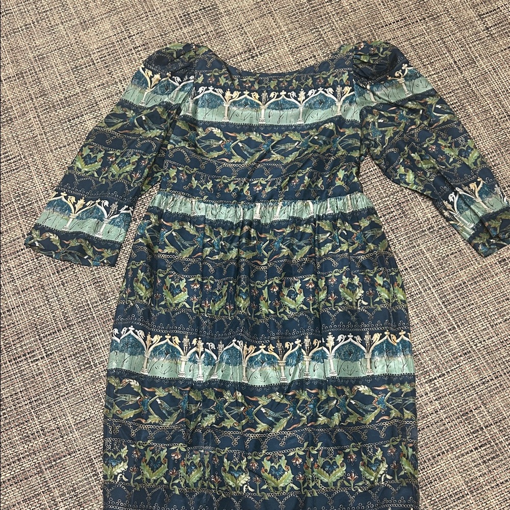Silk Printed Mini Dress in hunter green & sea foam green. Versace like print
